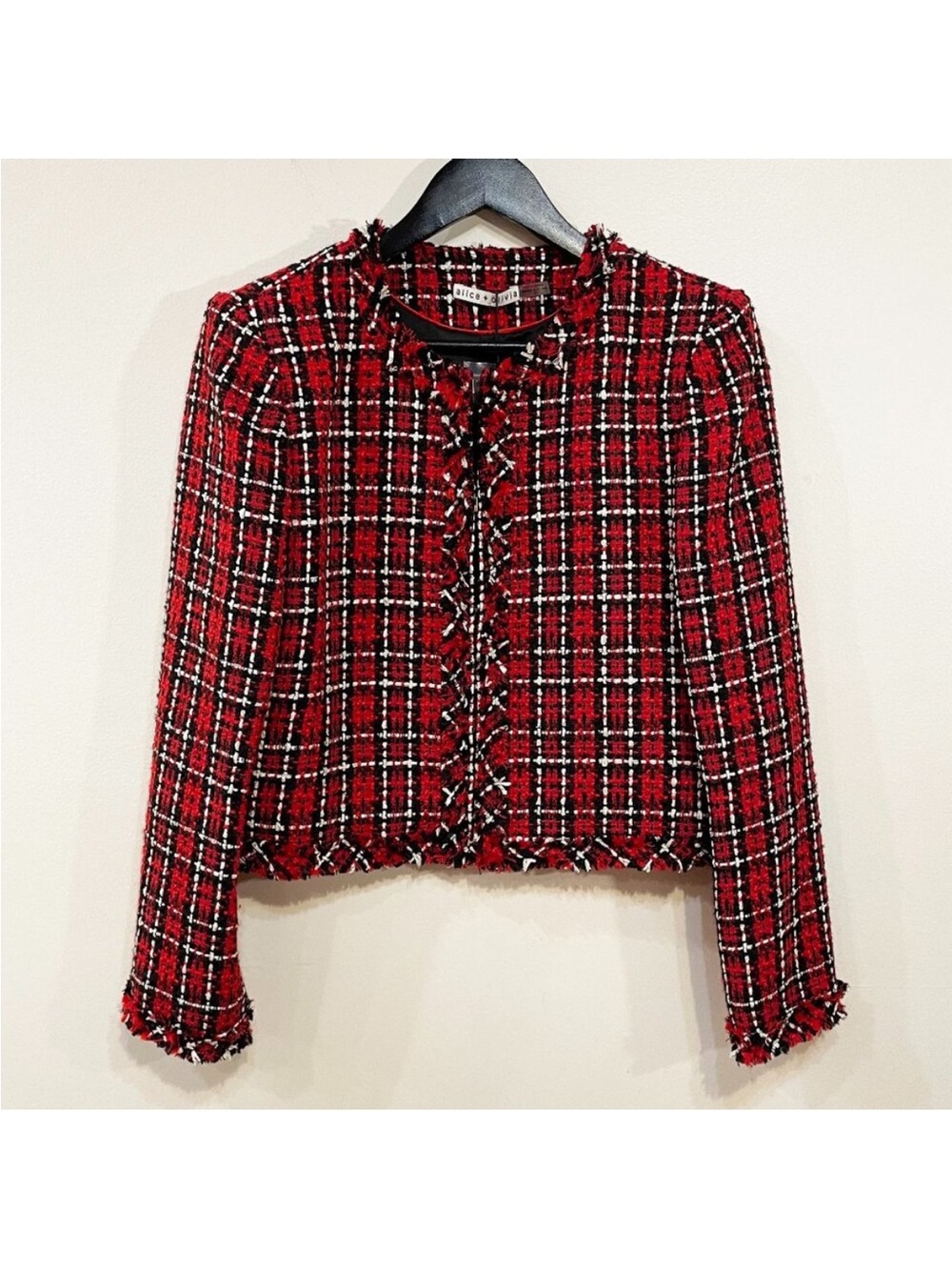 alice + olivia Kidman Red Black Tweed Fringe Jacket size 12